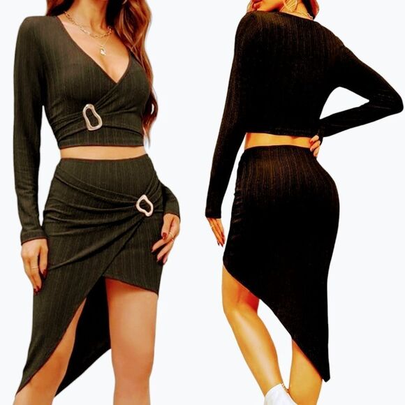 ZAFUL Women's V-neck Long Sleeve  Cropped Top Slit bodycon Mini Skirt Set - Picture 13 of 16